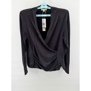 Status by Chenault Ruched Wrap V Neck Long Sleeve Sparkle Top XL Black